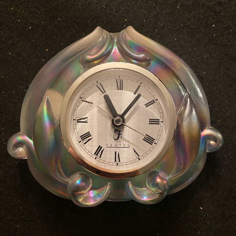 Rare Vintage Fenton iridescent clock 4 1/2” H x 5 1/2” width x 2” depth.